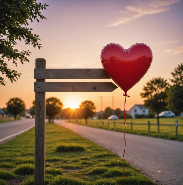 A heart-shaped balloon drifts peacefully against a vibrant sunset sky