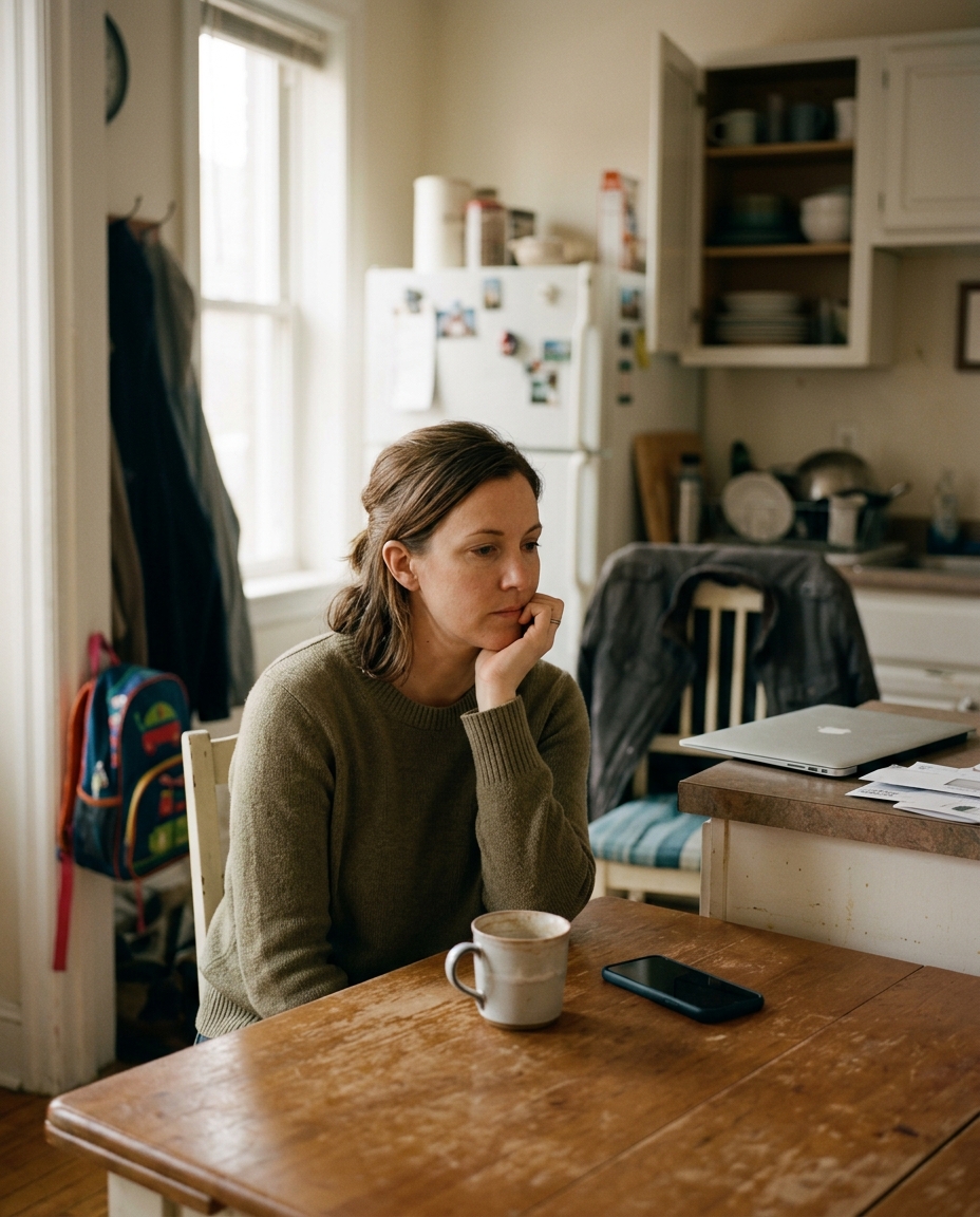 A woman sitting at a worn wooden kitchen table with her chin resting on her hand, a coffee mug and phone in front of her, a child's backpack and a laptop in the background