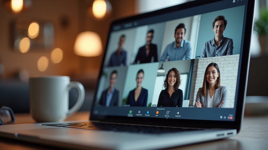Eye-level view of a laptop screen showing a virtual meeting in progress