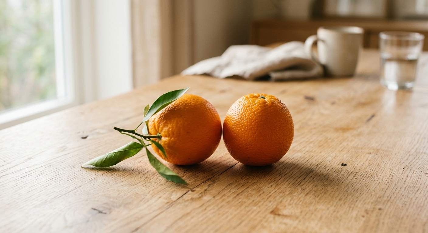 Dos naranjas enteras, una junto a la otra, sobre una mesa de madera